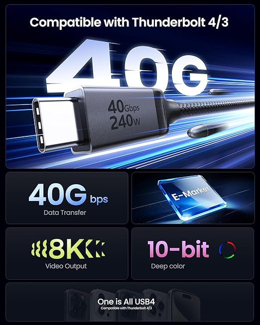 Silkland USB 4 for Long Thunderbolt 4 Cable 10FT, 40Gbps/8K Display/240W Charging, Braided USB C Thunderbolt 3 Cable 3M, USB C Video Cable Compatible for MacBook, iPhone 17/16, SSD, Monitor