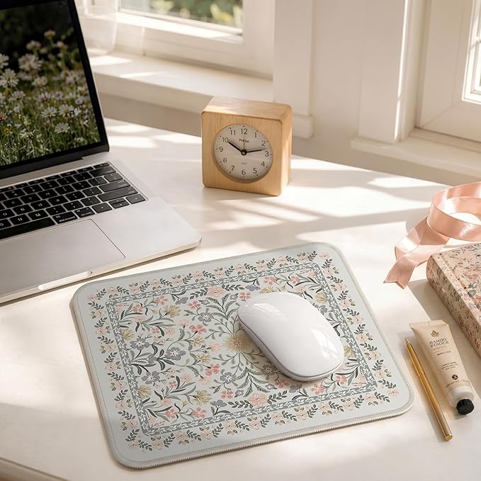 iCasso Aesthetic Small Floral Mouse Pad, Mini Portable Travel Mousepad, Anti-Slip and Comfortable Cloth Mouse Mat 7.9"x9.5" with Stitched Edges for Computer, Laptop, Office, Home(Gray Floral)