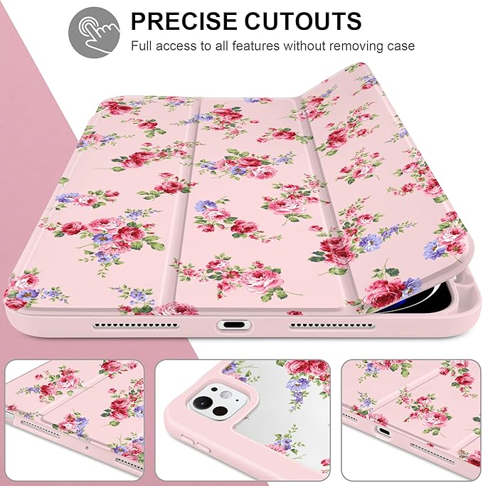 Case for iPad Pro 11 inch (M5) 2025 (M4) 2024 Release Slim Lightweight Cute Light Pink Cover with Clear Back TPU Edge Pencil Holder Trifold Stand, Elegant Rose