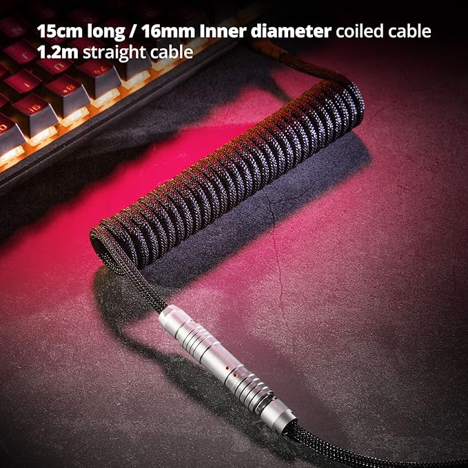 GUNMJO Pro Custom Coiled USB C Cable for Gaming Keyboard, Double-Sleeved Mechanical Keyboard Cable with Slim Type Detachable Metal Aviator, 1.5M USB-C to USB-A, Classic Black Color