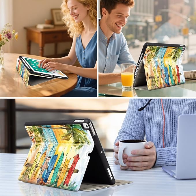 Vimorco for iPad 9th/8th/7th Generation Case 10.2 Inch, for iPad Pro 10.5 Inch Case Pencil Holder/4 Viewing Stands/Typing Stand/Slim for iPad Air 3rd Generation Cases, Beach View Path