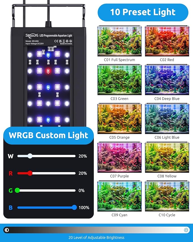 SEAOURA Aquarium LED Light with Thermometer, 12-18in Full Spectrum Lights for Fish Tank, 24/7 Programmable with Power Off Memory, WRGB Custom, 20 Level Dimmable Brightness for Freshwater Aquariums