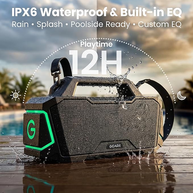 GEARit Boombox Outdoor Speaker Portable | 120W Subwoofer Deep Bass Karaoke | IPX6 Waterproof RGB Light Bluetooth 5.3 EQ | AUX/MicroSD/USB Power Bank 12H Playtime for Camping Beach Party Pool Gift