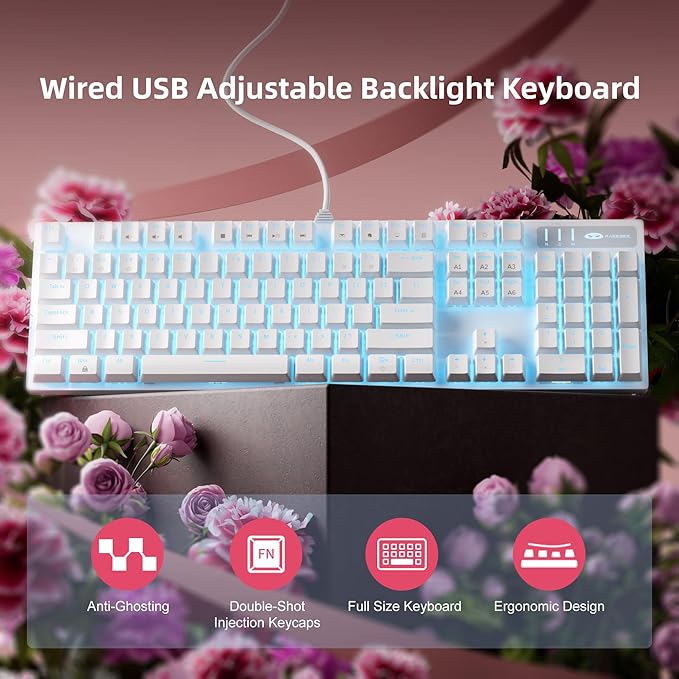 MageGee Mechanical Gaming Keyboard, Wired USB Adjustable Backlight Keyboard, New Mechanical Storm 100% Anti-ghosting Keyboards with Blue Switches for Windows PC/MAC Games (White)