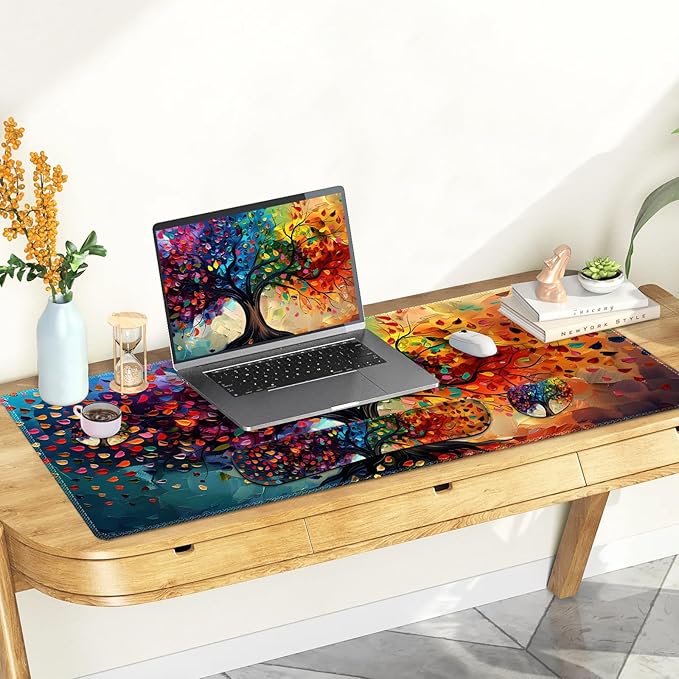 Large Gaming Mouse Pad Set, 4 in 1 Ergonomics Keyboard Desk Mat with Memory Foam Wrist Rest, Computer Extended Game Mousepad, Non-Slip Desk Matt Easy Typing Pain Relief I Colorful Tree Leave
