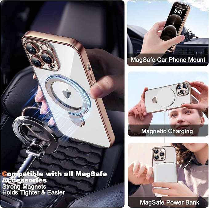 Compatible with iPhone 12 Pro Max Case with Magnetic Ring Stand [Compatible with Mag-Safe] [Full Camera Lens Protector] Plating Clear Phone Case for iPhone 12 Pro Max 6.7", Desert Gold