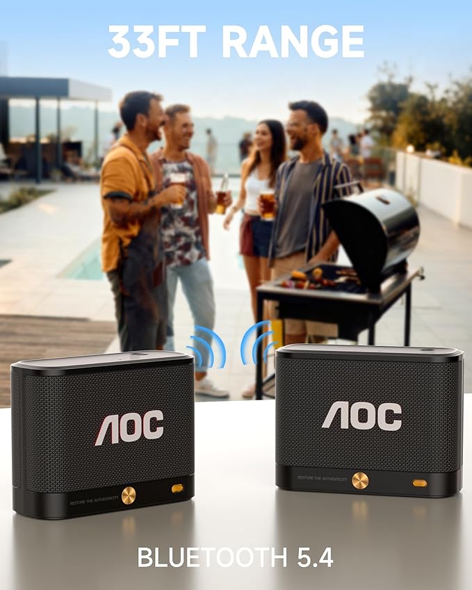 AOC Portable Bluetooth Speaker, Shower Speaker, BT 5.4 with Wireless Stereo Pairing, BassUp, IP65 Waterproof, Dustproof, 30-Hour Playtime, Compact Small for Home, Outdoors, Travel, Black