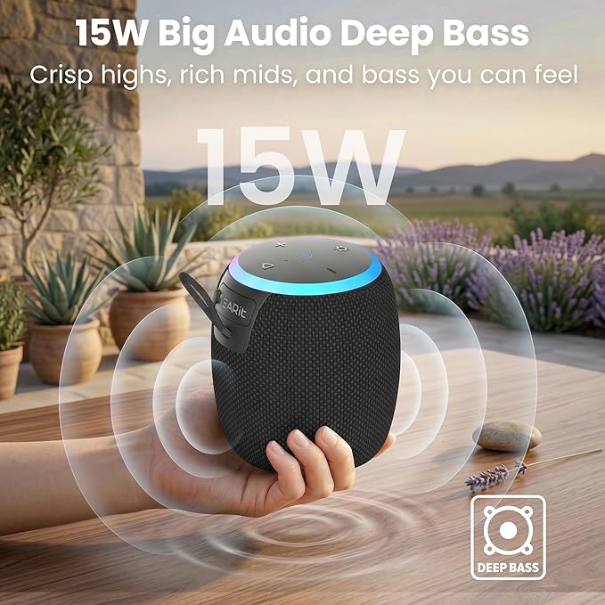 GEARit Small Portable Wireless Speaker with Deep Bass & RGB Light | 15W Bluetooth Speaker V5.3 IPX6 Waterproof & Dustproof | AUX & TWS Pairing 10H Playtime for Camping Beach Travel Home Gift