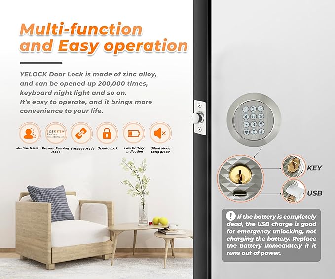 Nickel Electronic Keypad Door Knob - Keyless Entry Door Knob with Anti-Slip Grip, 3s Auto-Lock, Backlight - Easy Install for Home/Office