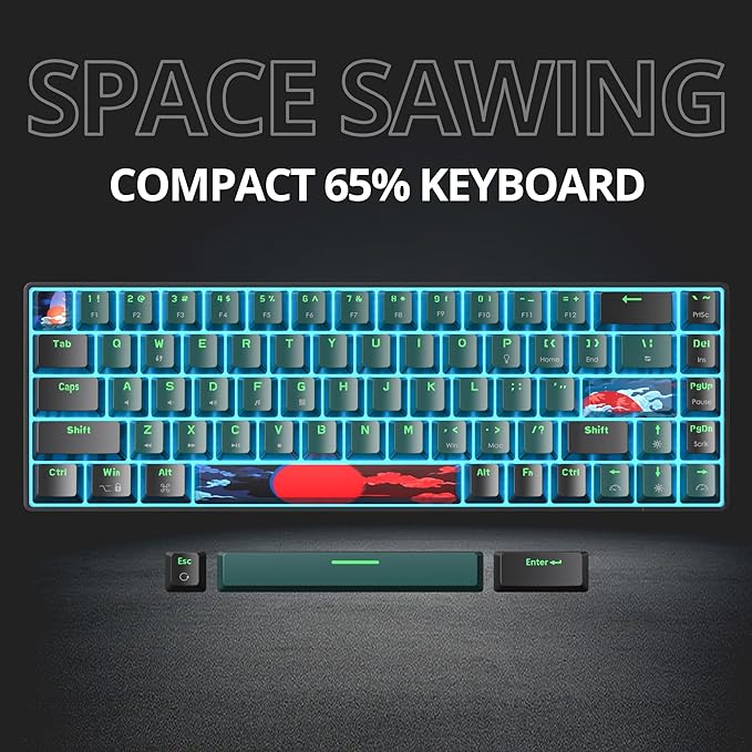 Protable 60% Percent Gaming Keyboard Mechanical, Mini Compact Ice-Blue LED Backlit 68 Keys Wired Office Keyboard with Red Switch for Mac/Win/PS4/PS5(68Green/red Switch)
