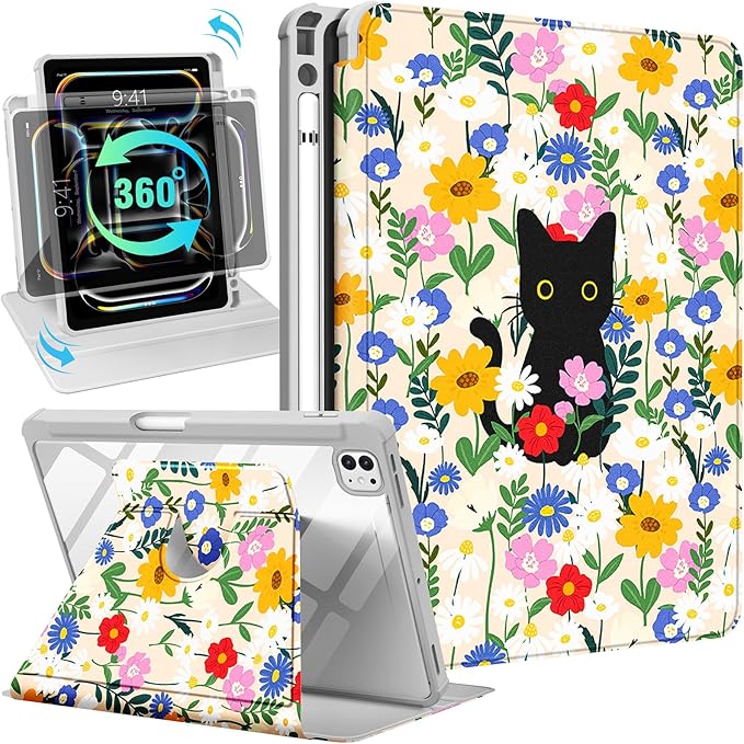 Uppuppy for iPad Pro M4/M5 Case 13 inch - 360 Degree Rotating Stand Folio Smart Cover with Pencil Holder for Women Girls, Cat and Flowers for iPad Pro 13 inch Case 2024 M4/2025 M5