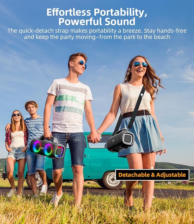 Portable Bluetooth Speaker 140W, Loud Wireless Speaker with 2 Subwoofers & Bass Boost, IP65 Waterproof Outdoor, 12000mAh Battery 24H Playtime, RGB Lights, TF/AUX/Mic Input for Home, Party, Outdoor