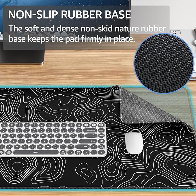KTRIO Large Gaming Mouse Pad Desk Mat, Superior Micro-Weave Cloth, Non-Slip Rubber Base, Stitched Edges, Water-Resistant, for Gamer, Office & Home, 31.5 x 15.7 Inch，Black Topographic
