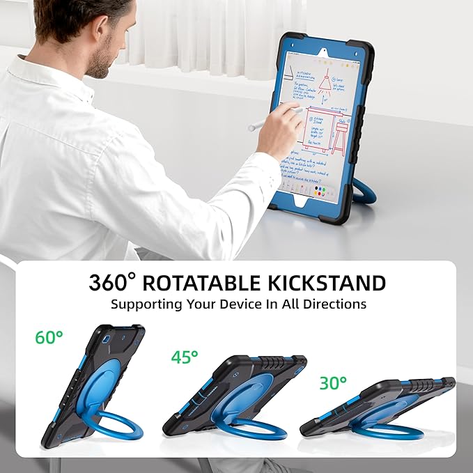 Andnary Case for iPad 9th/8th/7th Generation 10.2 inch, Shockproof Cover with Screen Protector/360° Rotating Handle/Bracket/Pen Holder/Shoulder Strap, Kids Case for iPad 2021/2020/2019 (Black+Blue)