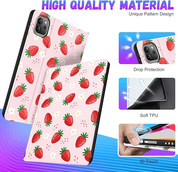 Uppuppy for iPad Air 11 inch (M2/M3) Case, Air 5th/4th Generation 10.9, Pro 11'' Case Cute Kids Women Girls Girly Strawberry Pencil Holder Cover for iPad Air 11 2024/2025, 10.9 2022 2020, Pro 11