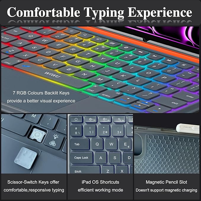WIWU iPad Pro 13 inch Keyboard Case M4/M5 2024/2025 Magnetic Detachable 3 in 1 Bluetooth Case Keyboard Adjustable Stand 7 Colors Backlit Keys with Touchpad (Grey, iPad Pro 13"(M4/M5 2024/2025))