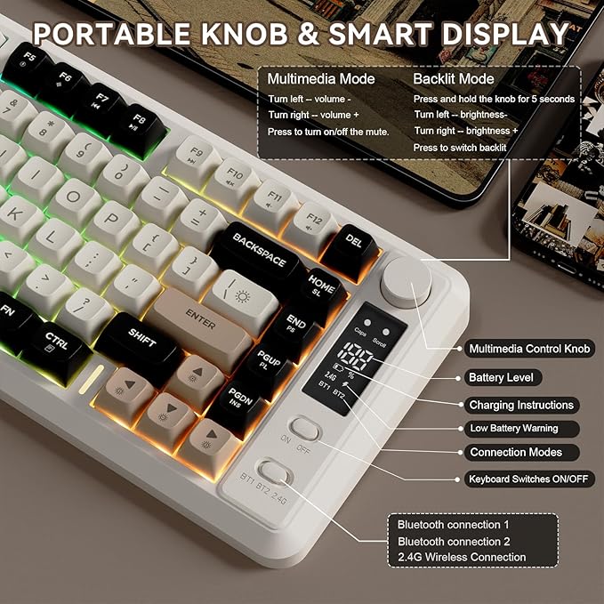 ZIYOU LANG M75 Wireless Gaming Keyboard, RGB Backlit Rechargeable 2000mAh Battery, Small Membrane But Mechanical Feel Keyboard with Smart Display & Knob, PBT Gradient keycaps for PC, MAC - Cheese