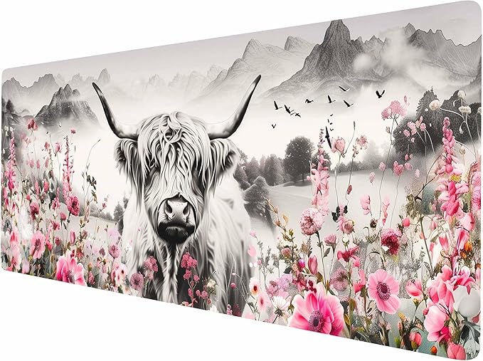 Highland Cow Mouse Pad, Extended Large Desk Pad with Stitched Edges 31.5 x 11.8 Mousepad Desk Mat for Desktop Decor and Accessories Workplace Home XXL Desk Pad for Gaming Office Big Mousepad
