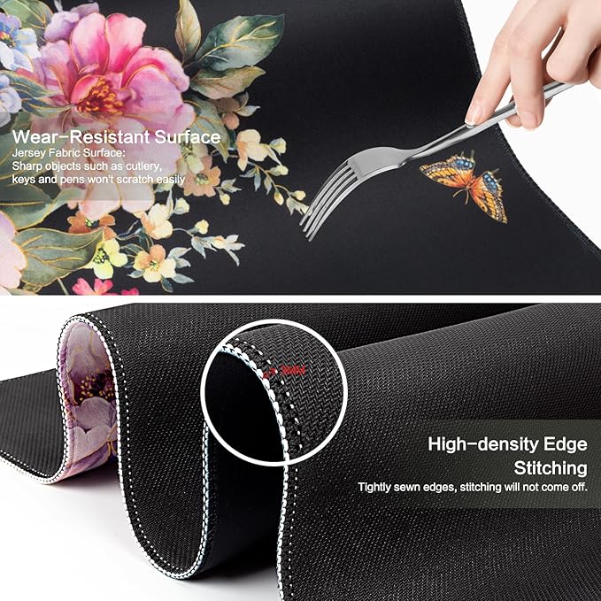 Desk Mat Mouse Pad Butterfly Flower, 35.4x15.7 in Pink Floral XXXL Extended Large Gaming Desk Pad Mousepad, Waterproof Black Computer Laptop Keyboard Mat for Women Girls Work, Game, Office, Home