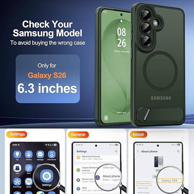 Magnetic for Samsung Galaxy S26 Case, [Compatible with MagSafe][Full Camera Protection][Built-in Invisible Kickstand] Translucent Matte Phone Case for S26 6.3" - Green