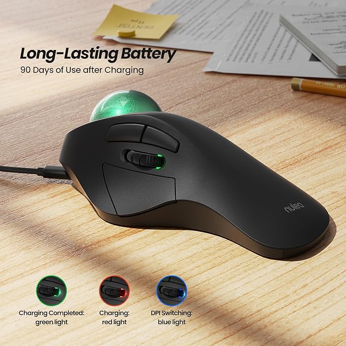 Nulea Wireless Ergonomic Trackball Mouse, Rechargeable, Bluetooth Rollerball Mouse, 44mm Index Finger Trackball, 5 Adjustable DPI, Compatible with PC, Laptop, iPad, Mac, Windows, Android