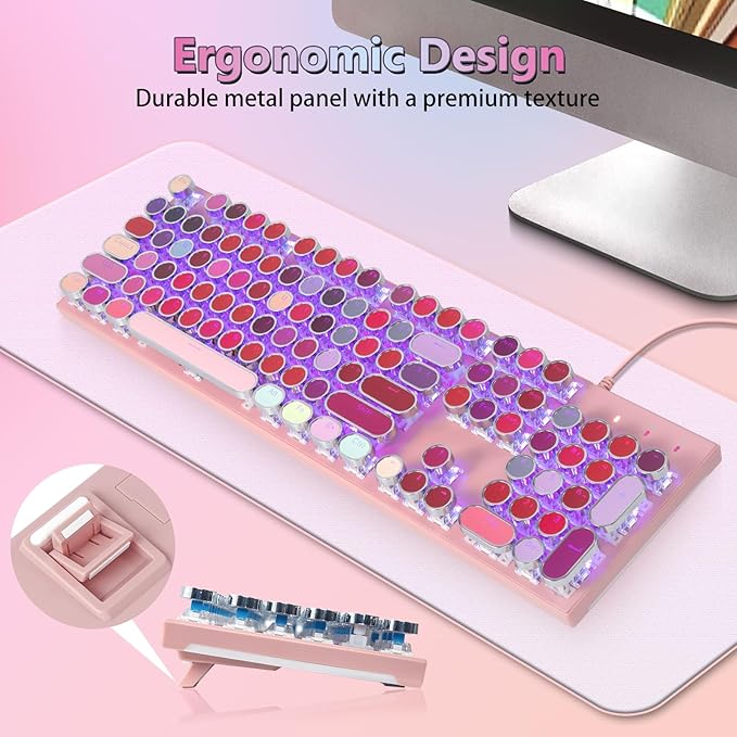 HUO JI Mechanical Gaming Keyboard Typewriter Style with RGB Side Lit and Purple LED Backlit, Retro Style, Blue Switches - Clicky, Metal Panel, Lipstick 104 Keys USB Wired for Mac, PC, Cute Pink