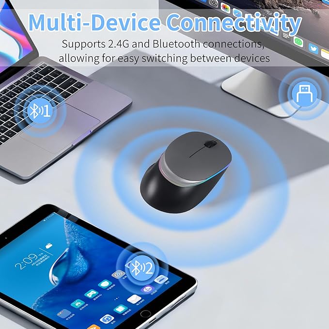 Ergonomic Wireless Bluetooth Mouse Vertical Rechargeable Silent Portable Ergo Mice with RGB Light & 2.4G USB Receiver,Dual Mode,for PC/Laptop/Computer/Desktop/Tablet/MacBook,Office Work Gift-Gray