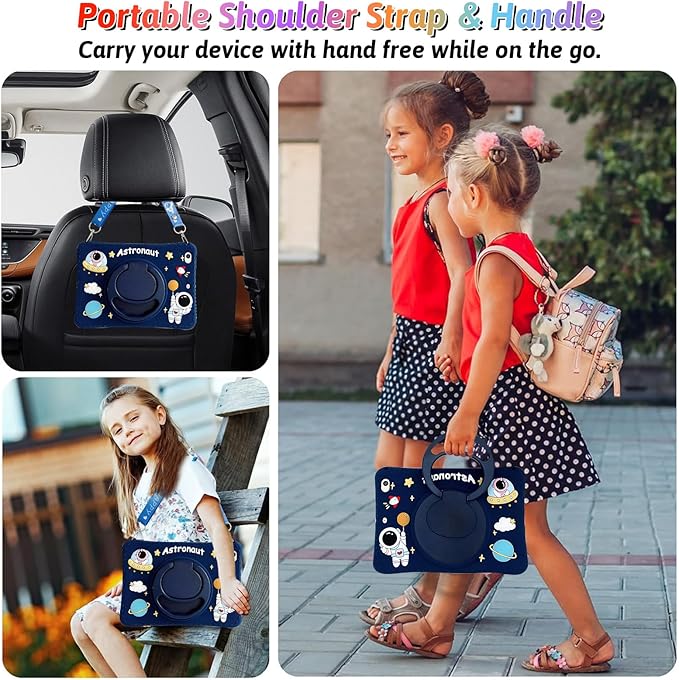 Dteck for iPad Pro 11 Case 2022/2021/2020/2018,iPad Air 5/4 Case,Cute Cartoon 3D Unique Rotating Handle Stand Shoulder Strap Soft Silicone Funda Rugged Shockproof Protective Kid-Proof Case,Spaceman