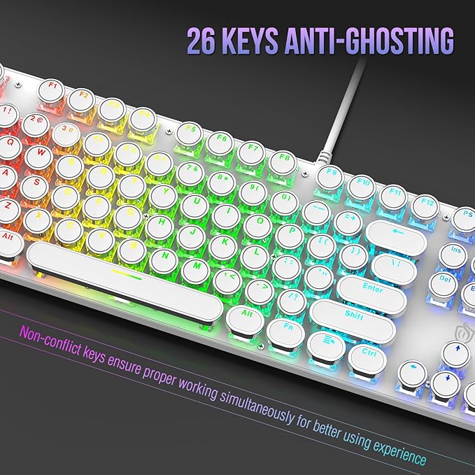 Typewriter Mechanical Gaming Keyboard with RGB Backlit Red Switches, 104 Keys Retro Round Keycap, Wired Typewriter Style Comfortable Typing Soud (R-White)