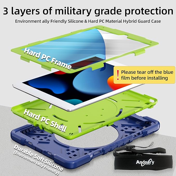 Andnary Case for iPad 9th/8th/7th Generation 10.2 inch, Shockproof Cover with Screen Protector/360° Rotating Handle/Bracket/Pen Holder/Shoulder Strap, Kids Case for iPad 2021/2020/2019 (Navy+Green)