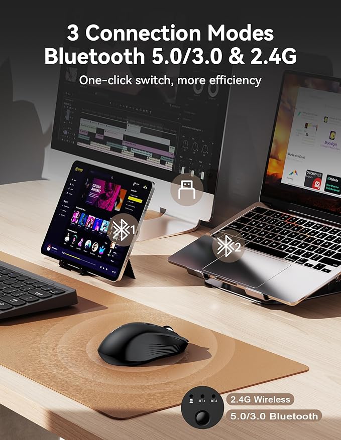 TECKNET Rechargeable Bluetooth Mouse, [ USB + BT5.0 + BT3.0 ] Wireless Mouse, Ergonomic Design, Silent Click, 6-Level 4800 DPI Wireless Mice, 3-Device Switching for Laptop, Computer, MacBook（Charcoal）