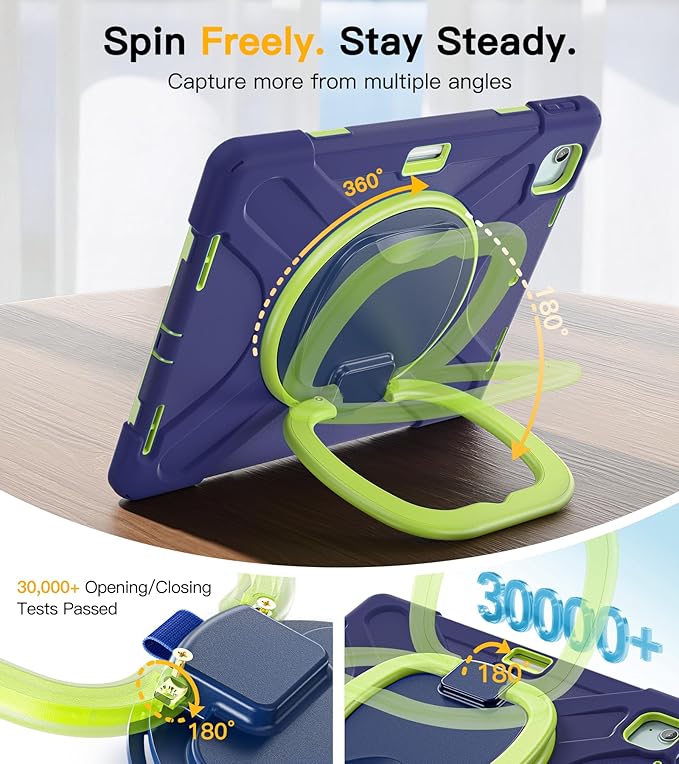 BRAECN Case for iPad Air 13” M4 2026/M3 2025/M2 2024 & iPad Pro 12.9 6th/5th/4th/3rd Gen: Military Grade Silicone Cover with Pencil Holder, Kickstand, Swivel Handle Grip, Shoulder Strap, Navy Green