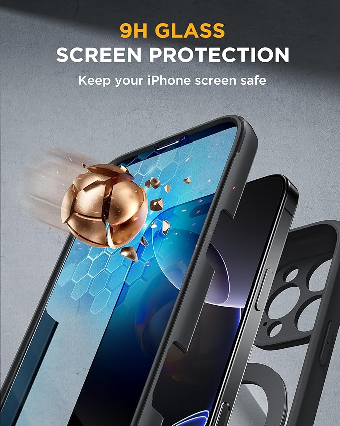 Miracase for iPhone 16 Pro Max Case with 360° Magnetic Ring Stand [Compatible with Magsafe] Full-Body Drop Proof Bumper Phone Case with Built-in 9H Tempered Glass Screen Protector,Black