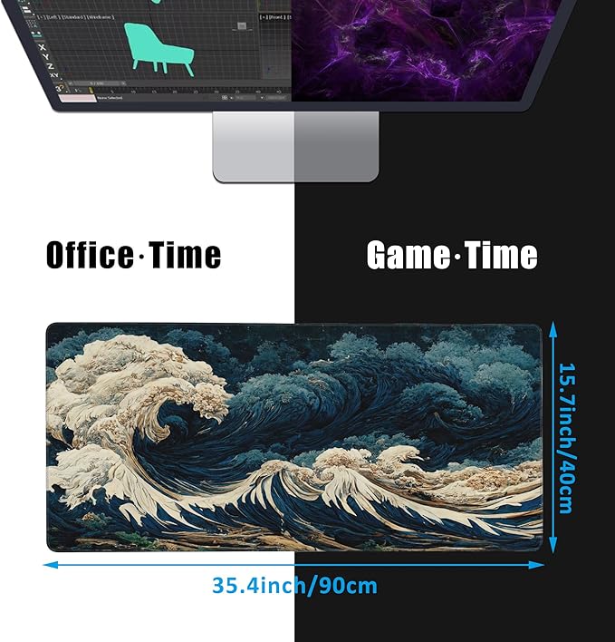 Japanese Ocean Waves Large Gaming Mouse Pad,Waterproof Desk Mat for Desktop,Non-Slip Rubber Base Mousepad with Stitched Edges for Laptop Office and Home 35.4X15.7 Inch