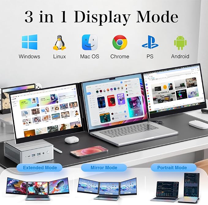 Laptop Screen Extender 15.6" Ultra-Thin, 1080P FHD IPS Dual/Triple Portable Monitor for Laptop, USB-C/HDMI Plug&Play, Fits 17.3" Max Laptops,Travel Screens for Windows/Mac/Chrome/Android/Switch