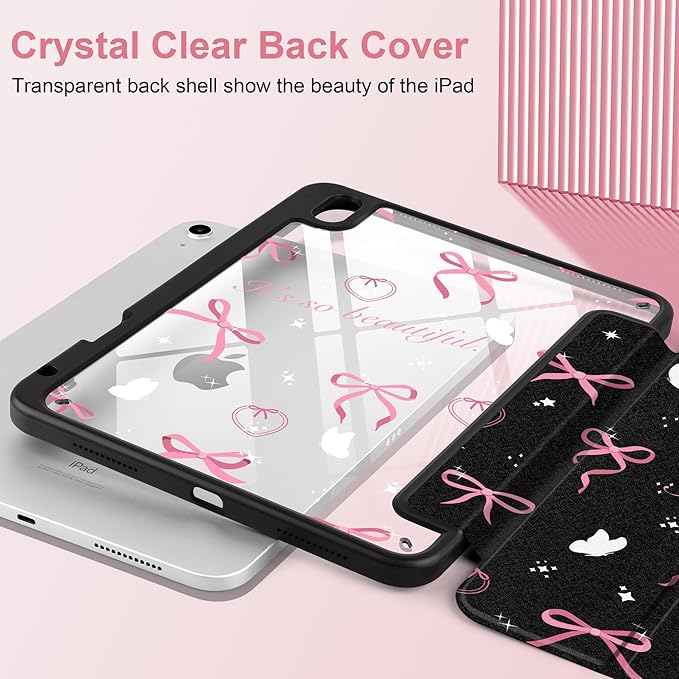 Case for iPad Air 11 inch M4 2026 M3 2025 M2 2024,iPad Air 5th (2022) / 4th (2020) 10.9 Inch Clear Back Shell Lightweight Shockproof Trifold Stand Auto Wake Sleep Cute Cover, Pink Bow