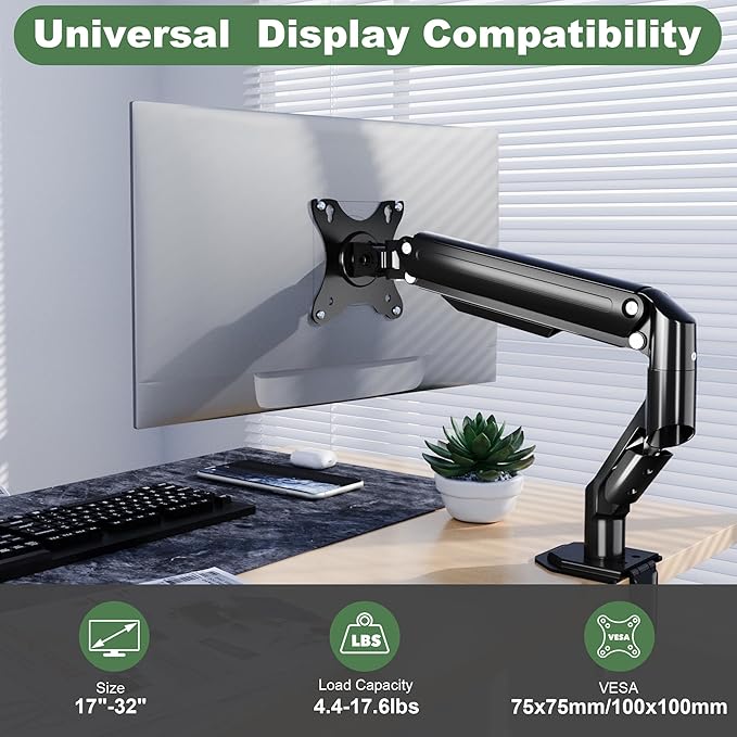 UPGRAVITY Single Monitor Mount Arm for 17" to 32" Computer Screen, Mechanical Spring Adjustable Monitor Desk Mount Stand Holds up to 17.6 lbs, C-Clamp & Grommet Base, max. VESA 100x100mm