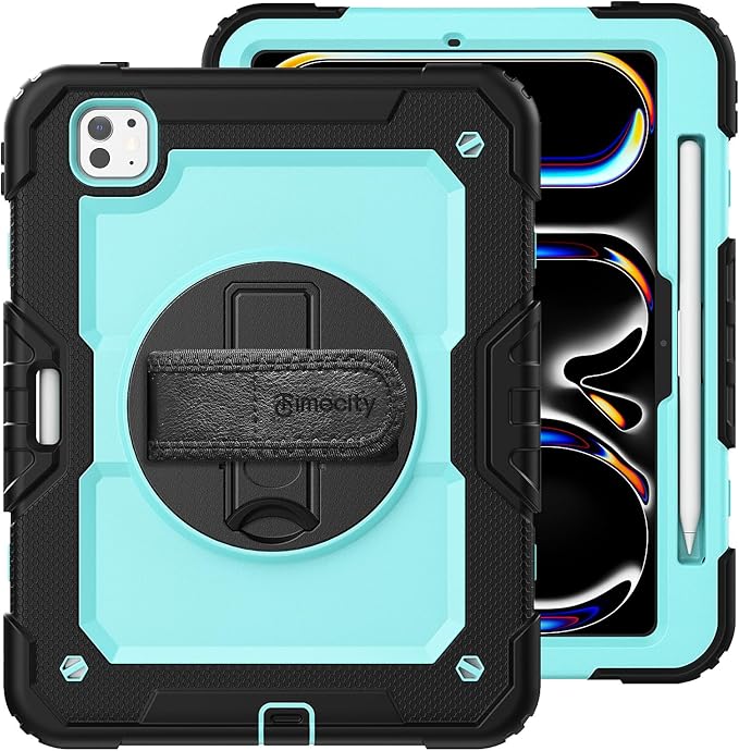 timecity Case for iPad Pro 11 Inch M5 2025 / M4 2024, 360° Rotating Stand, Pencil Holder & Wireless Charging, Shockproof with Screen Protector & Shoulder Strap -for Designers & Professionals,Blue