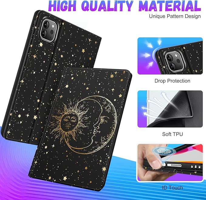 Uppuppy for iPad Air 11 inch (M2/M3) Case, Air 5th/4th Generation 10.9, Pro 11'' Case Cute Kids Women Girls Folio Sun Moon Pencil Holder Cover for iPad Air 11 2024/2025, 10.9 2022 2020, Pro 11