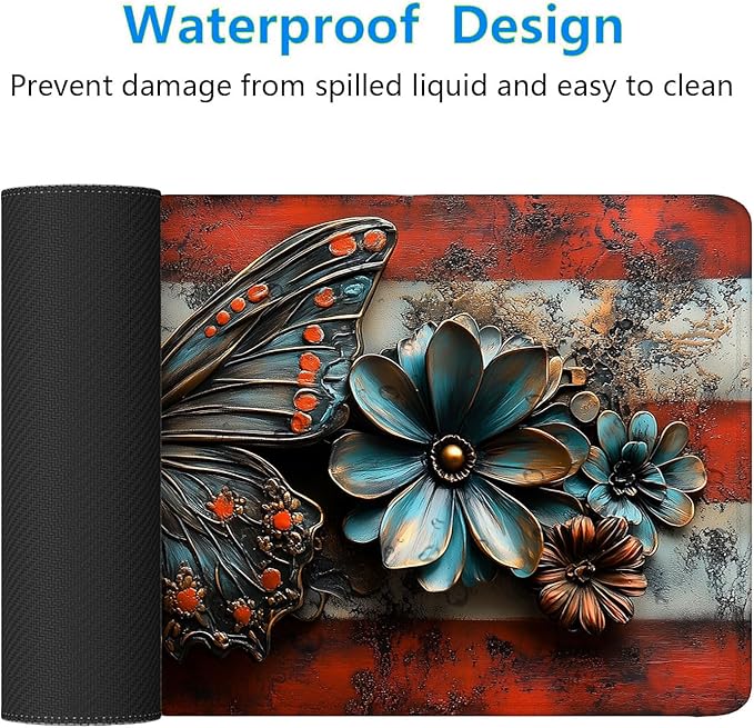 American Flag Butterfly Desk Mat Vintage US Flag Flower XL Mouse Pad Large Mousepad Extended Laptop Keyboard Mat Gaming Desk Pad Mouse Mat 31.5"x11.8" Office Computer Keyboard Laptop Home