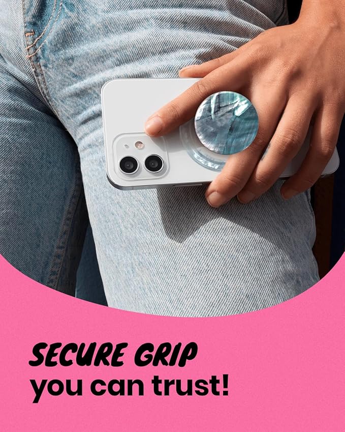 On The Grip Magnetic Phone Grip for MagSafe, Genuine Natural Crystal & Seashell Stone, Swappable Top, Strong Magnet Holder & Kickstand for iPhone 15 14 13 12 Pro Max Plus & MagSafe Cases (Blue Green)