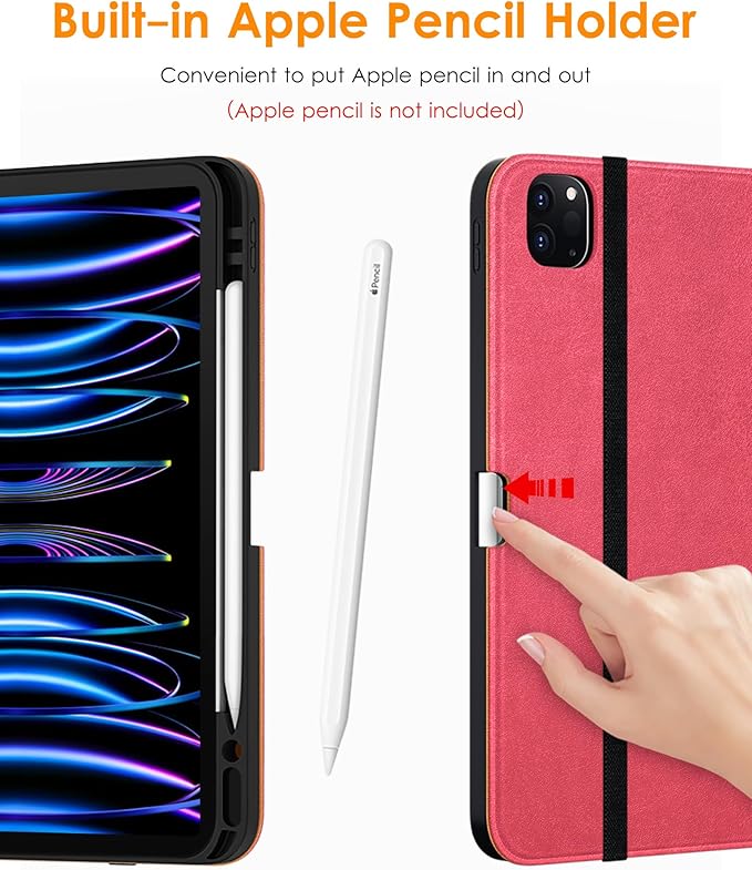 DTTO for iPad Pro 12.9 6th / 5th / 4th / 3rd Generation Case 2022/2021/2020/2018, Leather Folio Stand Cover with Built-in Apple Pencil Holder -Auto Wake/Sleep and Multi Viewing Angles,Rose Red
