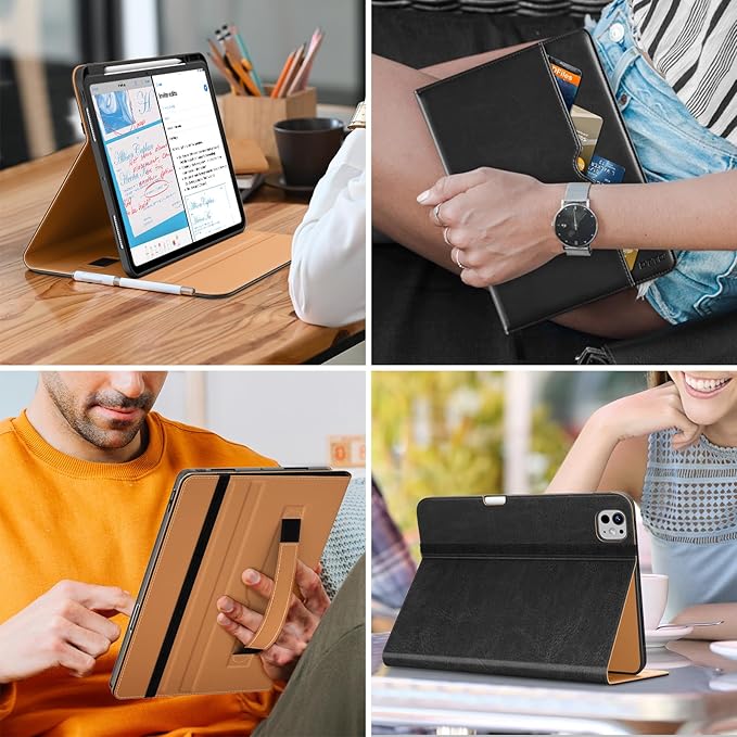 DTTO for iPad Pro 13 inch Case (M5/M4) 2025/2024, Premium Leather Business Folio Stand Cover with Pencil Holder - Auto Wake/Sleep & Multiple Viewing Angles, Built in Hand Strap & Pocket, Black