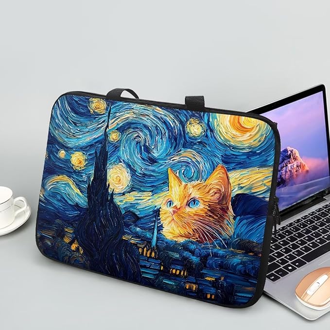 10 Inch Starry Night Cat Laptop Sleeve Tablet Protector Case with Handle, Men Women Zipper Computer Bag Carrying Case Notebook Cover Messenger Briefcase for Travel/Office/Work