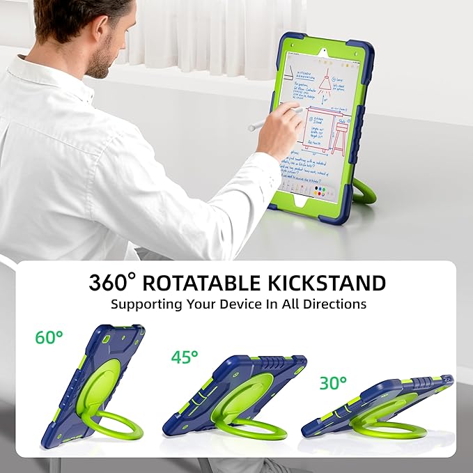 Andnary Case for iPad 9th/8th/7th Generation 10.2 inch, Shockproof Cover with Screen Protector/360° Rotating Handle/Bracket/Pen Holder/Shoulder Strap, Kids Case for iPad 2021/2020/2019 (Navy+Green)