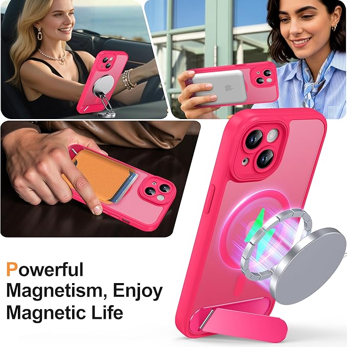 Magnetic Compatible with iPhone 15 Case, [Built-in Invisible Kickstand][Compatible with MagSafe][Full Camera Protection] Translucent Matte Phone Case for iPhone 15 6.1" Hot Pink