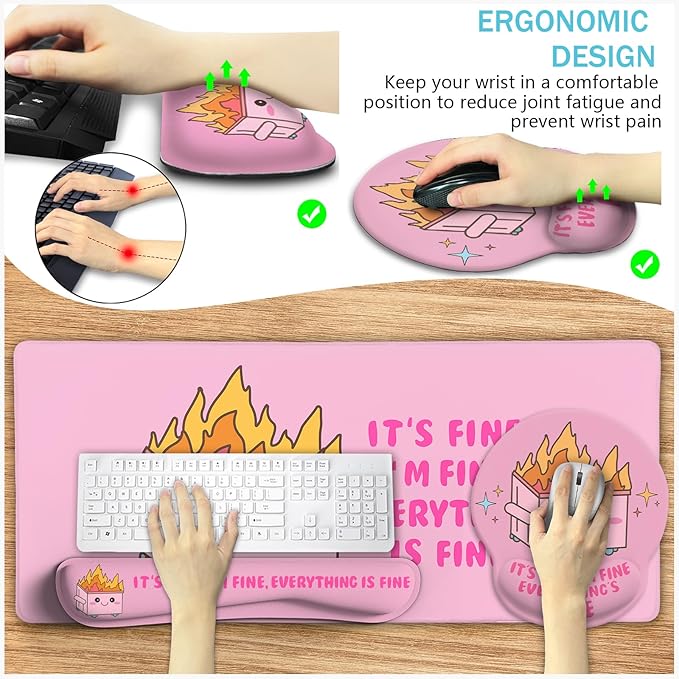 Blusabaca Dumpster on Fire Mouse Pad Desk Pad, Funny Cute Desk Mat Large Gaming Mouse Pad with Wrist Rest, Keyboard Pad Wrist Rest Ergonomic, Cup Coaster, Work Home Desk Accessories Office Supplies