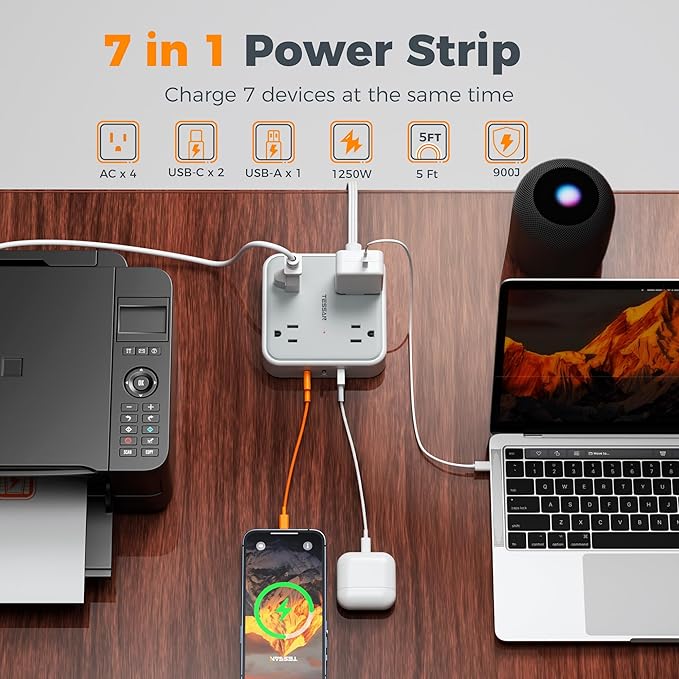 TESSAN Surge Protector Flat Extension Cord 5Ft, Flat Plug Power Strip with 4 Outlets 3 USB Ports (2 USB C), 900 Joules Protection, Multiple Wall Outlet Extender Suitable for Home Office Dorm, Grey