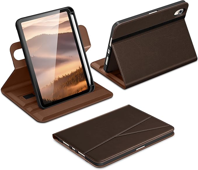 DTTO for iPad mini 7 (A17 Pro) Case, iPad mini 7th / 6th Generation Case (2024/2021), 360 Degree Rotating Premium Leather Folio Stand Cover with Pencil Holder, Dark Brown