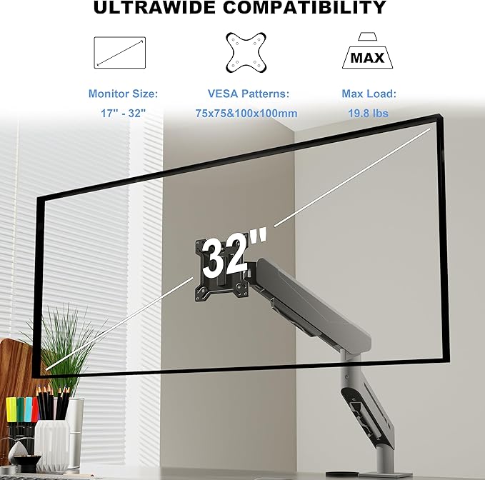 THEARK Single Monitor Desk Mount 17"-32" Screens - Adjustable Gas Spring Monitor Arm Computer Monitor Stand up to 19.8 lbs,VESA Arm Desk Mount with C-Clamp and Grommet Base,VESA 75x75/100x100mm,Silver